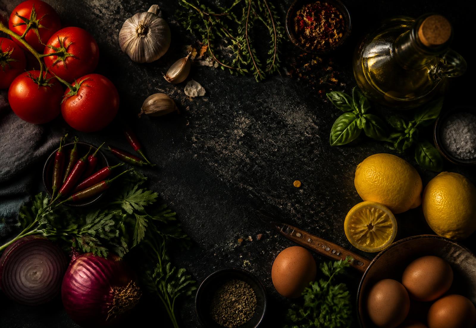 Fresh tomatoes, garlic, herbs, lemons and eggs on a dark slate counter
